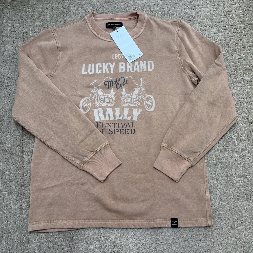 Lucky Brand Men's Tan motorcycle Graphic Crewneck Sweatshirt new nwt M medium
